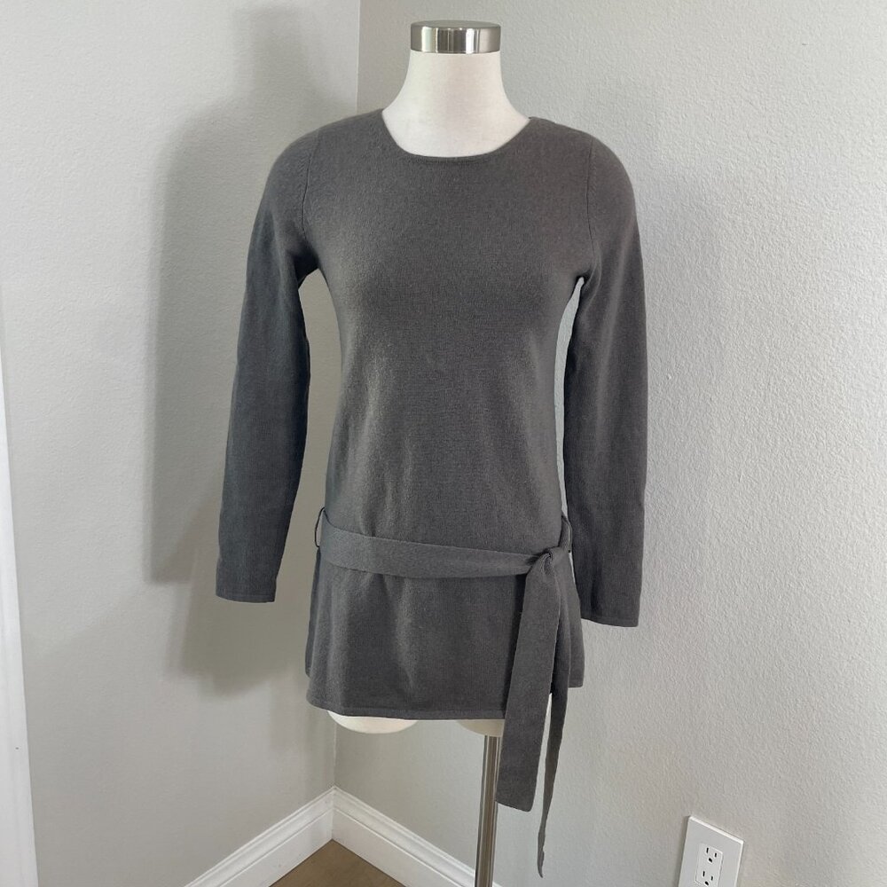 Hayden Womens Small Gray 100% Cashmere Sweater Long Sleeve Waist Tie Knit Top